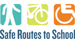 Safe routes to school logo written in dark blue with the sign of walking, bicycling, and wheelchair at the top 