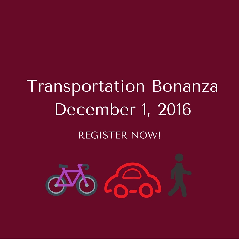 Transportation Bonanza test with the date and Register now centered. Bike, car, and walker icons below.