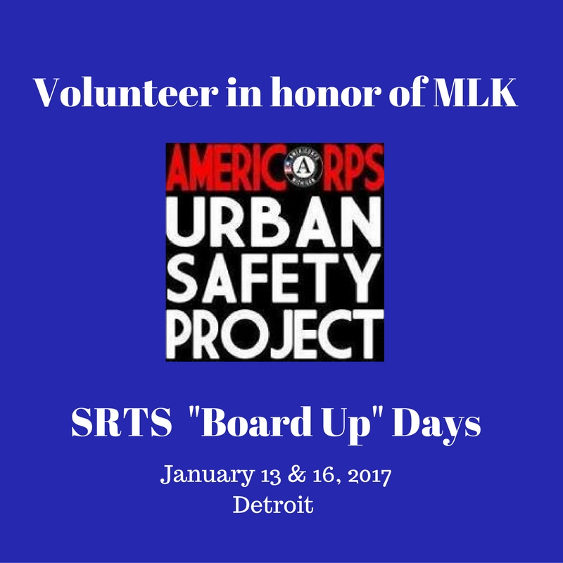 AmeriCrops Urban Safety Project Logop with test about volunteering in honor or MLK for the SRTS "Board Up" Days.