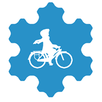 outline of a bicyclist wit ha scarf on centered in a blue outline of a snowflake.