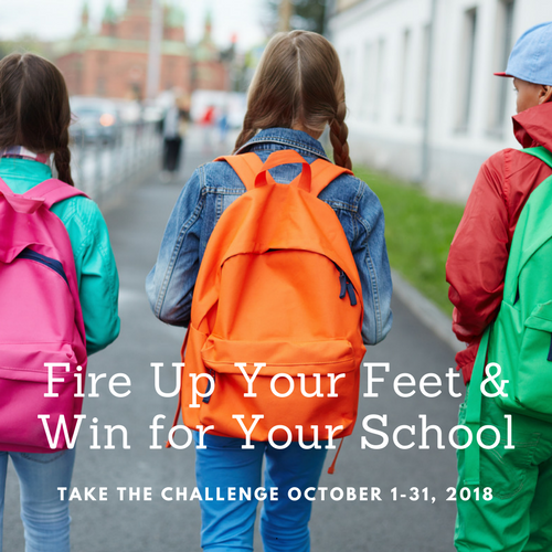Three students with bright backpacks wallk away with the background blurred. Fire Up You Feet & Win for Your School text runs along the bottom.