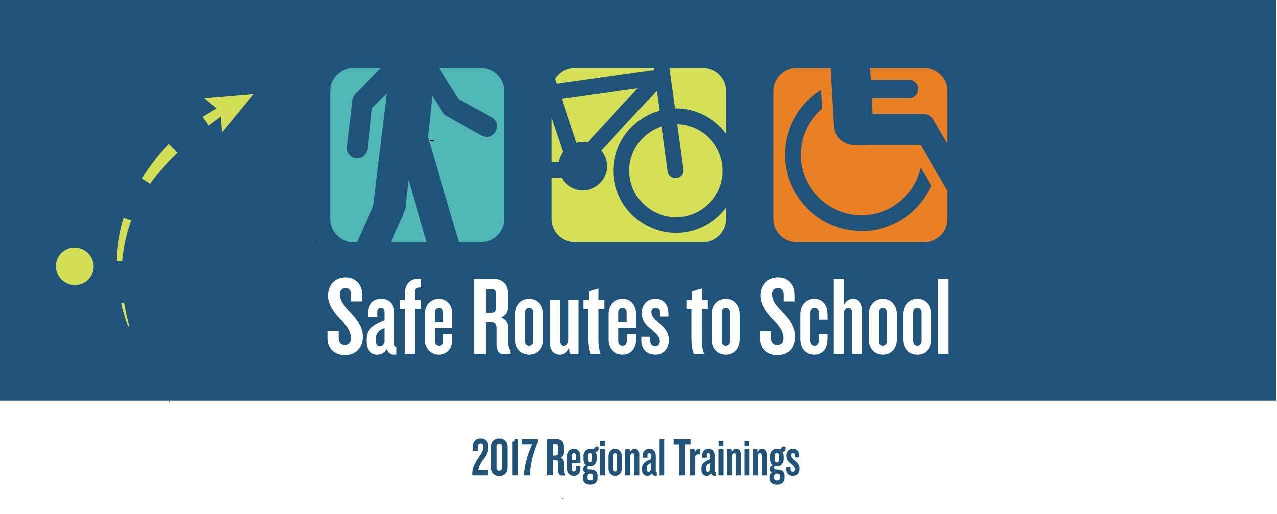 Safe Routes to School logo with blue background and icon of walking, bicycling, and wheelchair on the top 