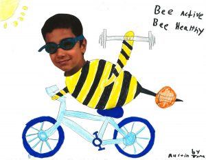 Drawing of a bee with face of a kid riding a bike with the writing of "Bee active, bee healthy" 