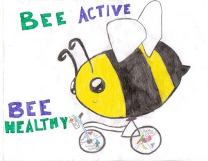Picture of bee riding a bike and it is written " Bee active, bee healthy" 