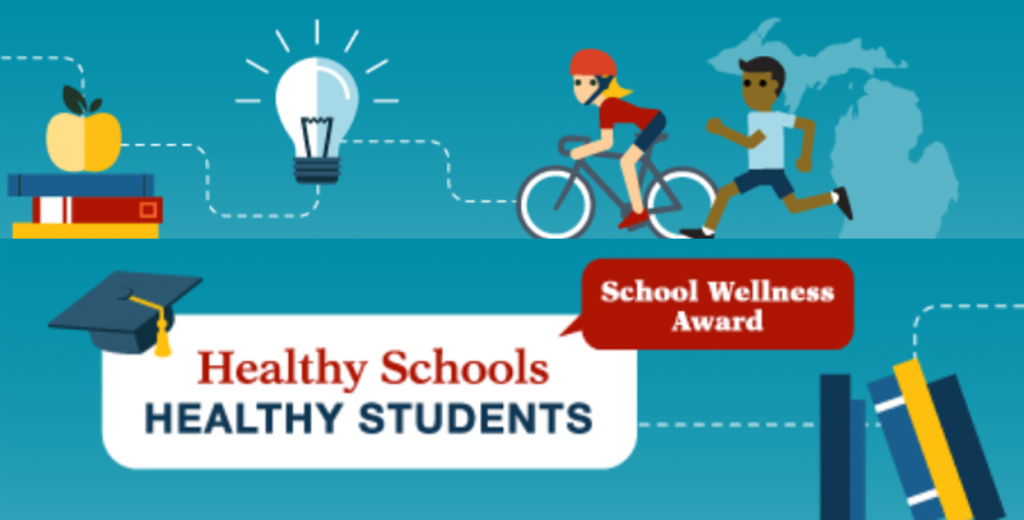 Health School Health Students logo with images of a stack of books with an apple on top, a light bulb, students with one biking and one running, the outline of the state of Michigan, a row of books, and a graduation hat.