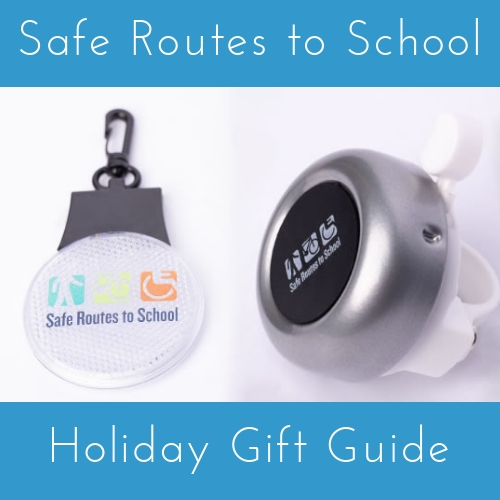 SRTS Holiday Gift Guide banner with image of backpack light and bike bell with SRTS branding.