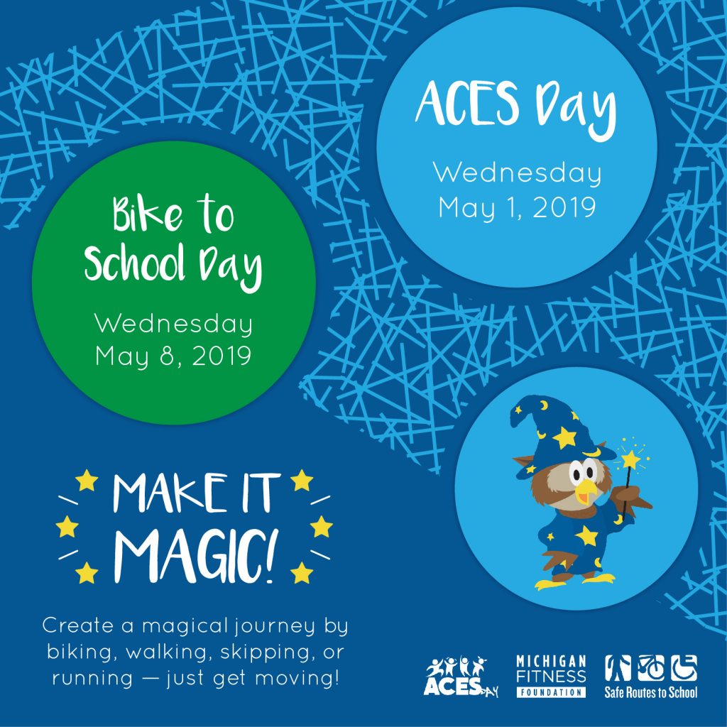 Bike to School & ACES Day Make it Magic postcard with wizard owl
