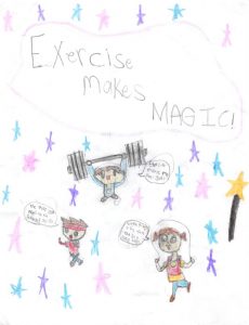 Picture of three dolls lifting weigh and exercises and it is written " Exercise Makes Magic"