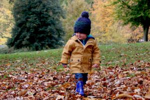 A kid is walking on the leaves with navy blue hat and yellow coat 