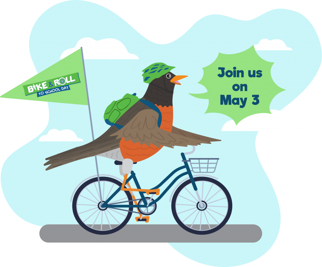 Bike and roll banner of robin wearing a helmet and backpack is biking and saying "Join us on May 3".