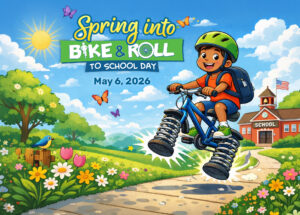 Student wearing a helmet on a bike with springs as wheels smiles in lush illustration of flowers and a school in the background. Spring into Bike and Roll to School Day, May 6, 2025