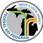 MDOT's Local Agency Federal Aid Program. Image of the state of Michigan with green and orange bands with the works on them of developmen and construction.