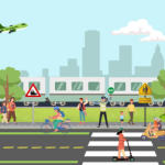 Graphic of a road with lots of car, taxi, school bus, bike, moped, and walk activity. A plane, trees, school, metro, wind turbines, and skyline are in the background. The text reads "Get Going, Go Green!"