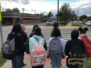 Students at an intersection on a walking audit