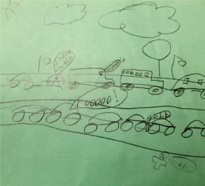 Student Illustration about walking to school, drawing of multiple cars, clouds on the green paper 