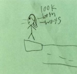 Student Illustration demonstrating the pedestrian skill to "look both ways" with green background 