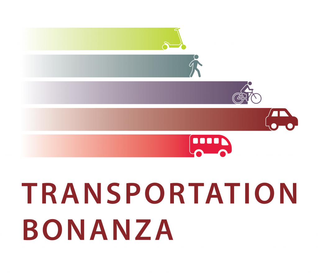 Event logo which consists of bands of color coming from a scooter, walker, biker, car, and bus