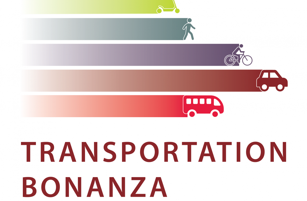 Logo with bands of color coming from a scooter, walker, biker, car, and bus