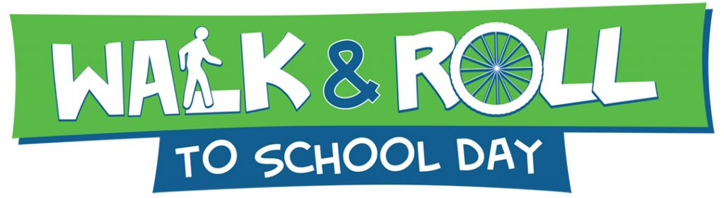 Walk and Roll to School Day Logo with pedestrian in the "L", a Wheel as the "O"