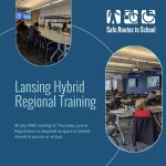 Lansing Hybrid Regional Training promo. dark blue background with test about the training and two images of rooms from past trainings with attendees shown around tables.