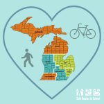 Michigan regional areas with pedestrian and bike symbols next to it and a heart around it.