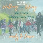 A photo of 4 kids riding their bike and it is written "Walking and biking can help students arrive"