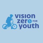 Blue silhouette of a student wearing a backpack and helmet pushing a bike. Text reads "vision zero for youth"